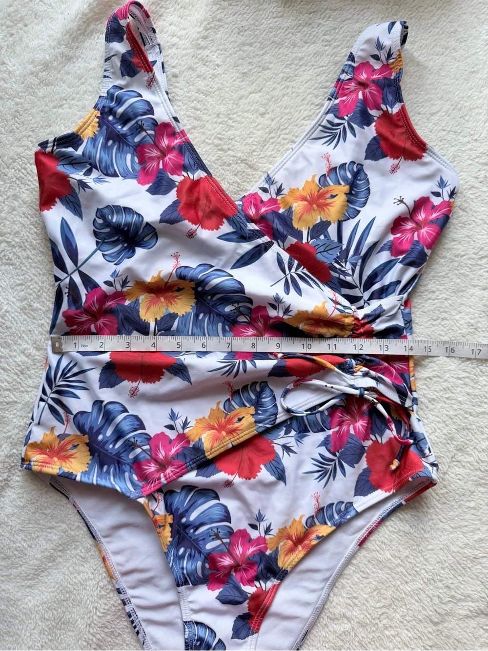 Floral Tropical One-Piece Swimsuit in White with Red & Blue Accents